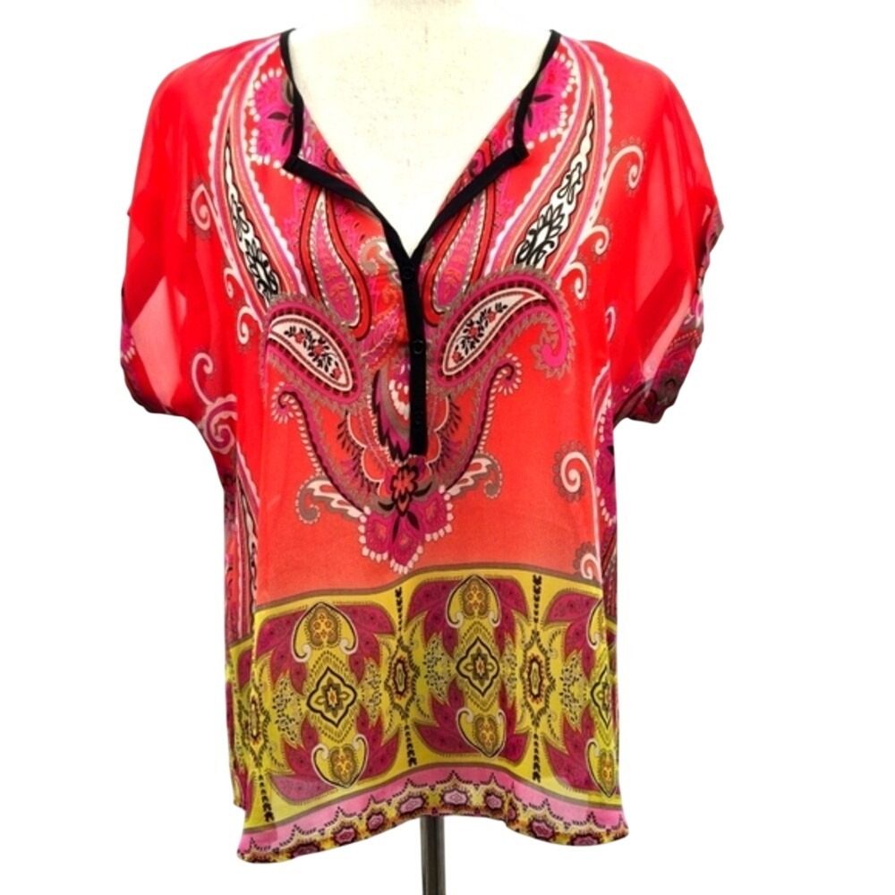 Wrapper Womens Red Paisley‎ Chiffon Split Neck Dolman Blouse  Medium